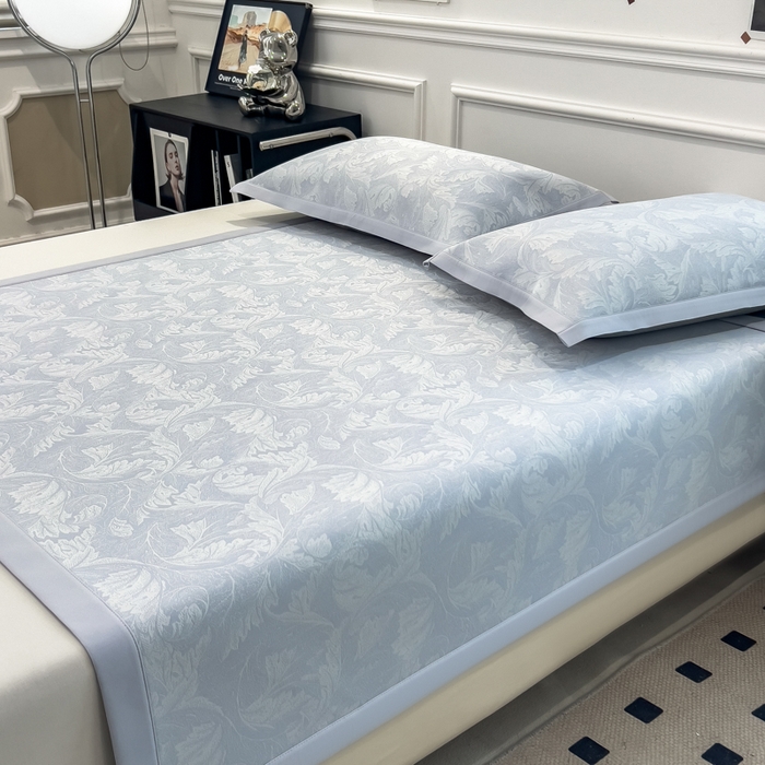 91家纺网 家纺一手货源 找家纺 倾慕 2026新款提花凉感凉席床席款三件套系列 叶之恋蓝床席款