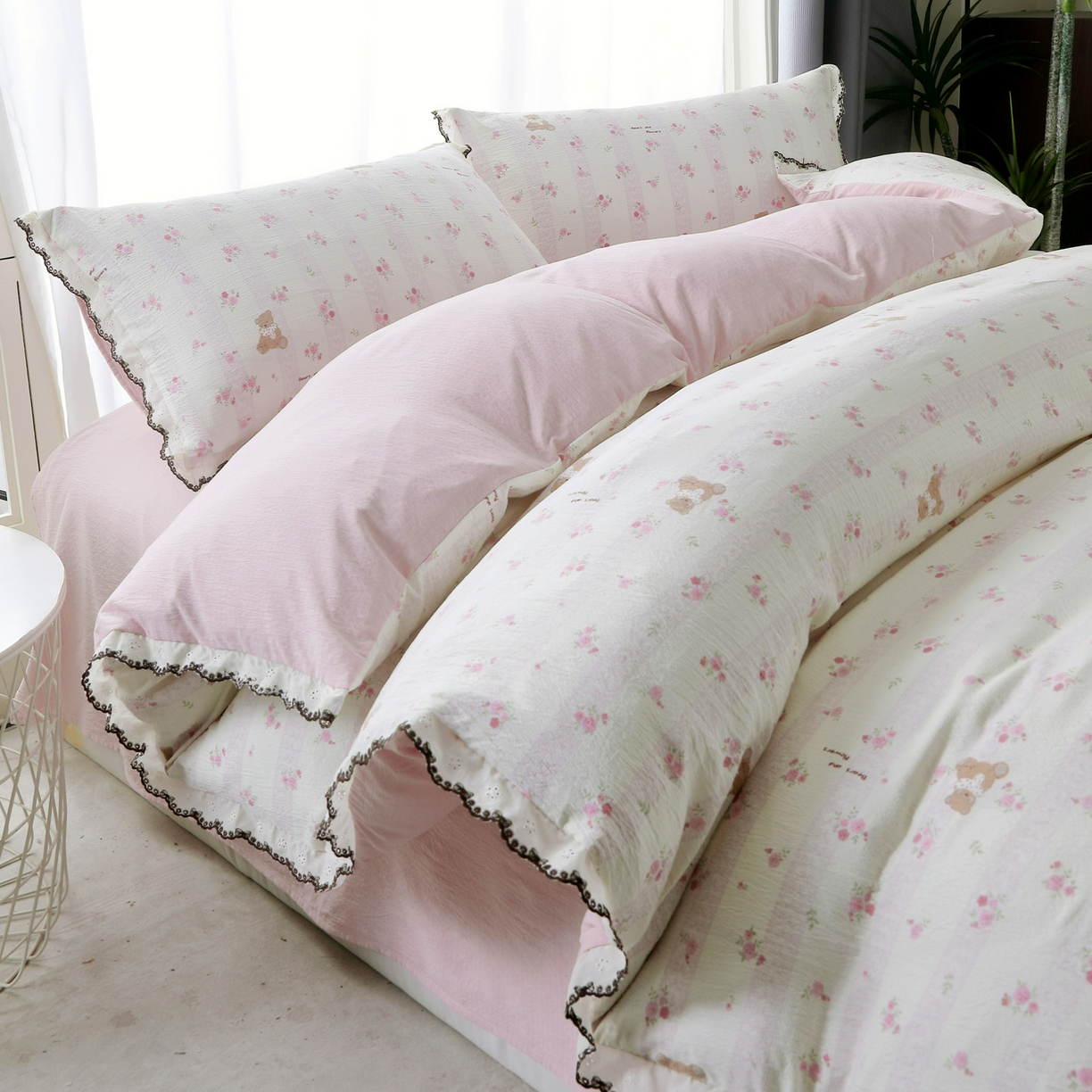 三悦四季 2026春夏新款小清新云感皱皱纱四件套 樱花小熊