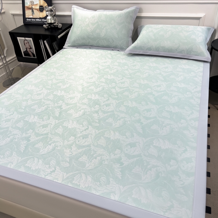 91家纺网 家纺一手货源 找家纺 倾慕 2026新款提花凉感凉席床席款三件套系列 叶之恋绿床席款