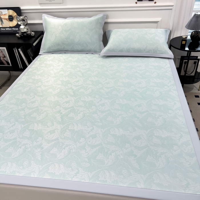 91家纺网 家纺一手货源 找家纺 倾慕 2026新款提花凉感凉席床席款三件套系列 叶之恋绿床席款