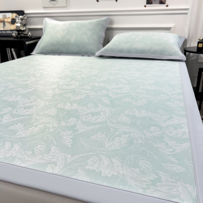 91家纺网 家纺一手货源 找家纺 倾慕 2026新款提花凉感凉席床席款三件套系列 叶之恋绿床席款