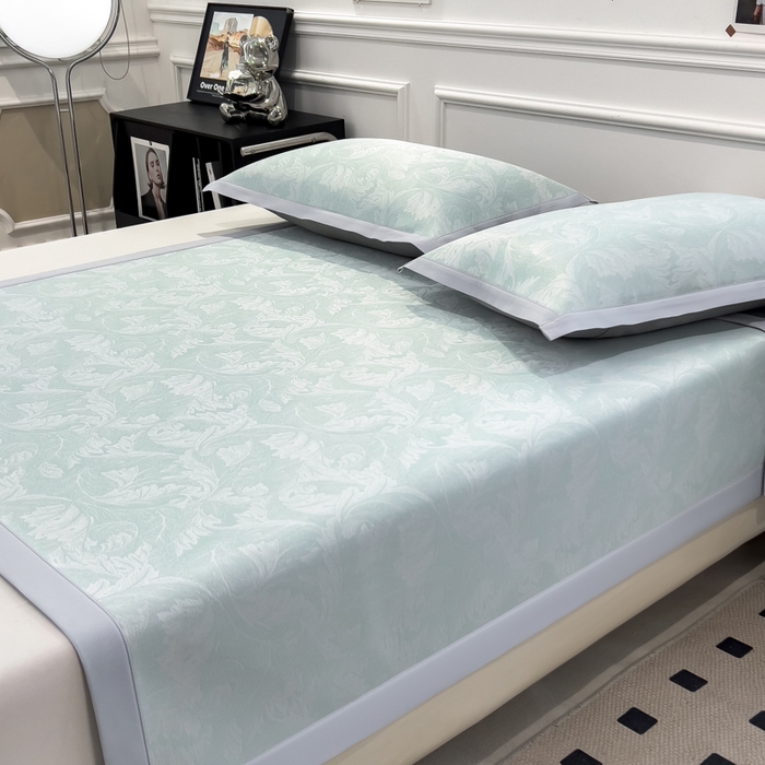 91家纺网 家纺一手货源 找家纺 倾慕 2026新款提花凉感凉席床席款三件套系列 叶之恋绿床席款