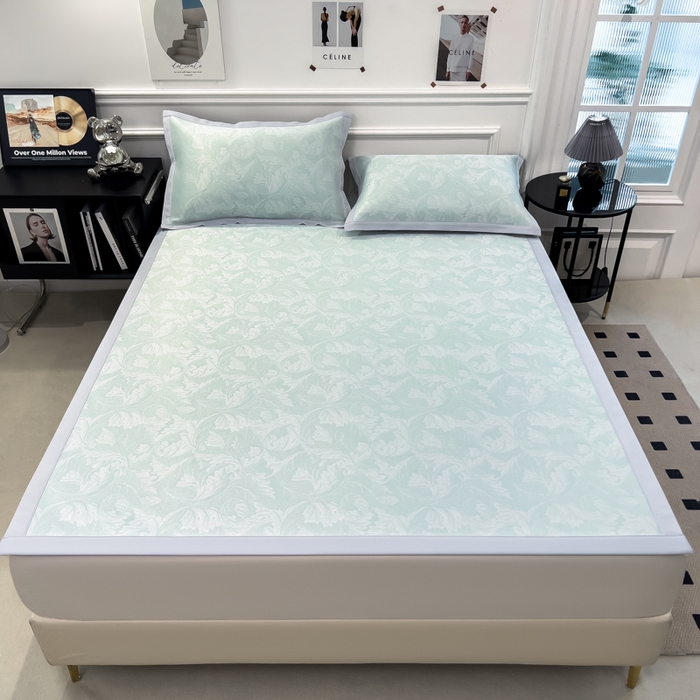 91家纺网 家纺一手货源 找家纺 倾慕 2026新款提花凉感凉席床席款三件套系列 叶之恋绿床席款