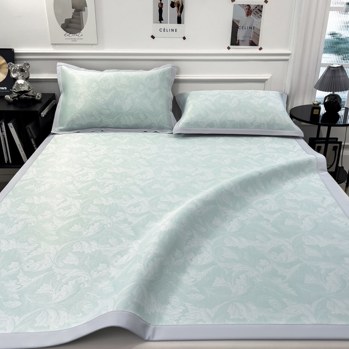 91家纺网 家纺一手货源 找家纺 倾慕 2026新款提花凉感凉席床席款三件套系列 叶之恋绿床席款