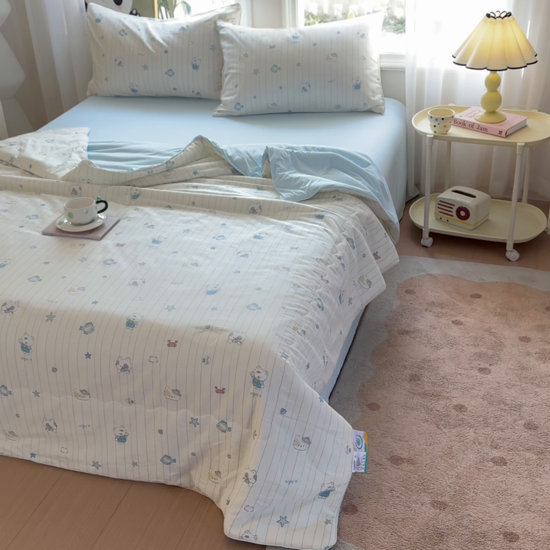 91家纺网 家纺一手货源 找家纺 万盛家纺 2026新款全棉锦氨凉感夏被夏凉被空调被 小猫钓鱼