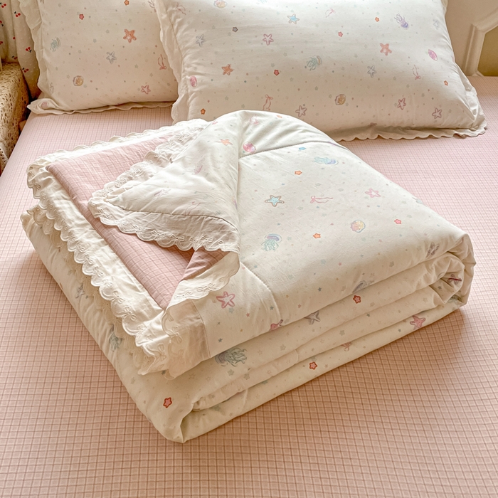 老帅的工厂店 2026新款A类古棉花边抗菌夏被 粉海星谣