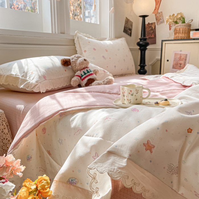 91家纺网 家纺一手货源 找家纺 老帅的工厂店 2026新款A类古棉花边抗菌夏被 粉海星谣