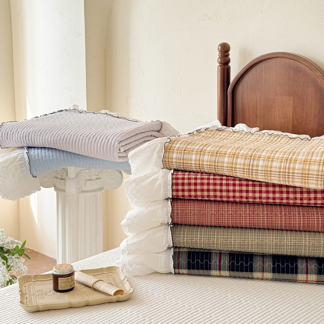 沐辰 2026新款A类色织水洗棉花边款床盖 组合图仅供展示不可下单