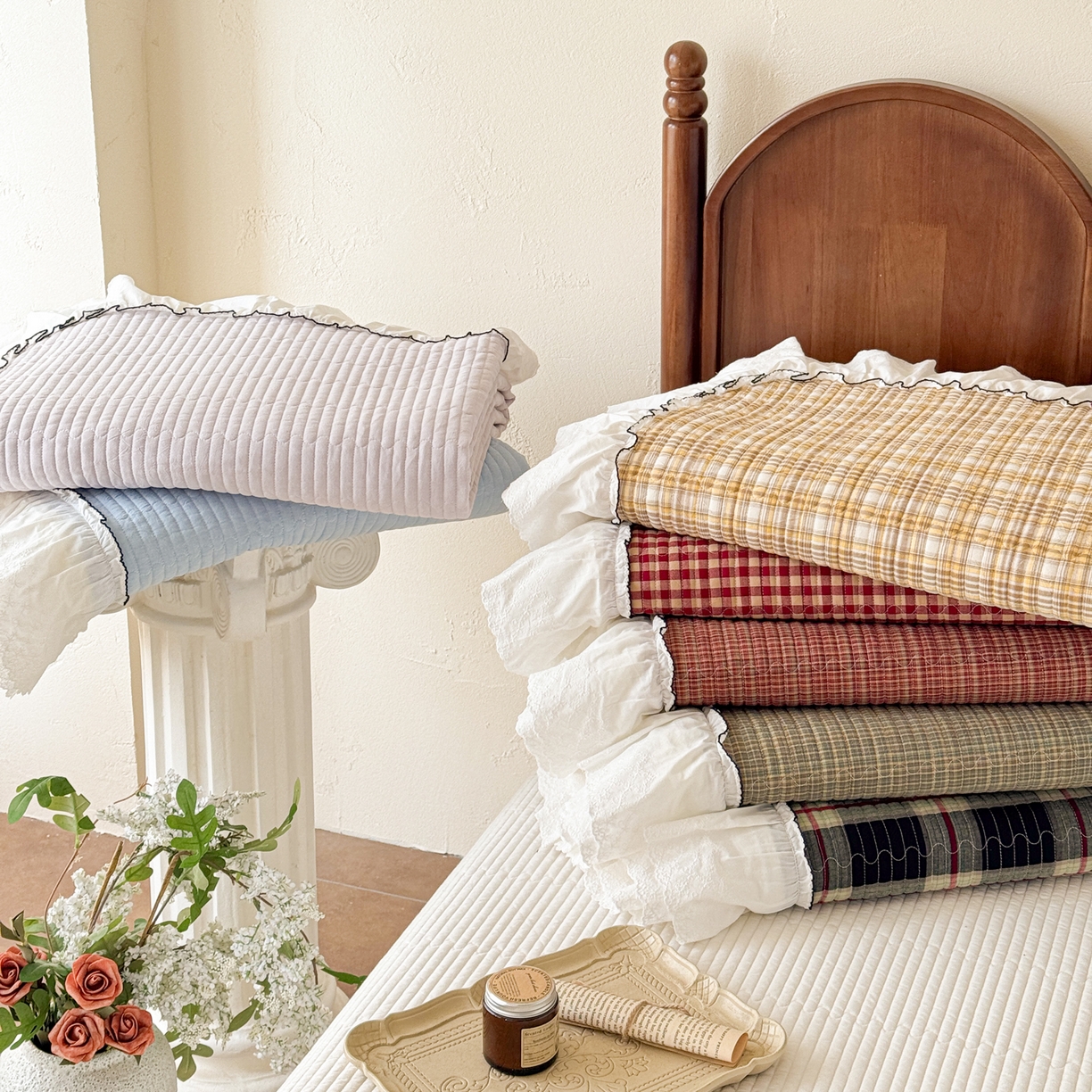 91家纺网 家纺一手货源 找家纺 沐辰 2026新款A类色织水洗棉花边款床盖 组合图仅供展示不可下单