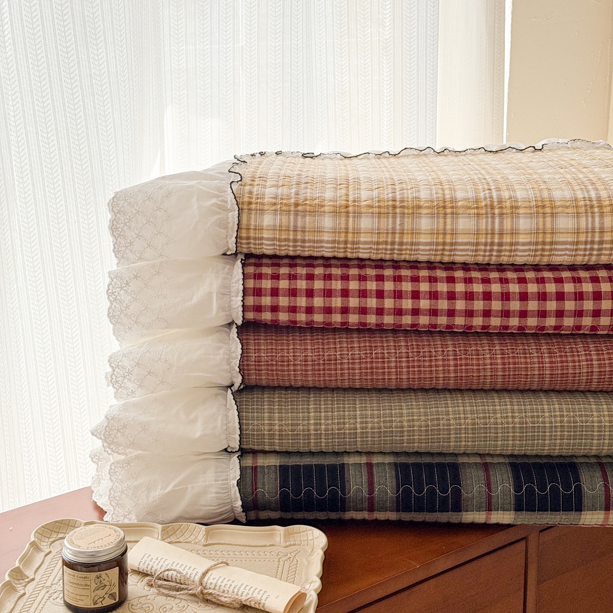 91家纺网 家纺一手货源 找家纺 沐辰 2026新款A类色织水洗棉花边款床盖 组合图仅供展示不可下单