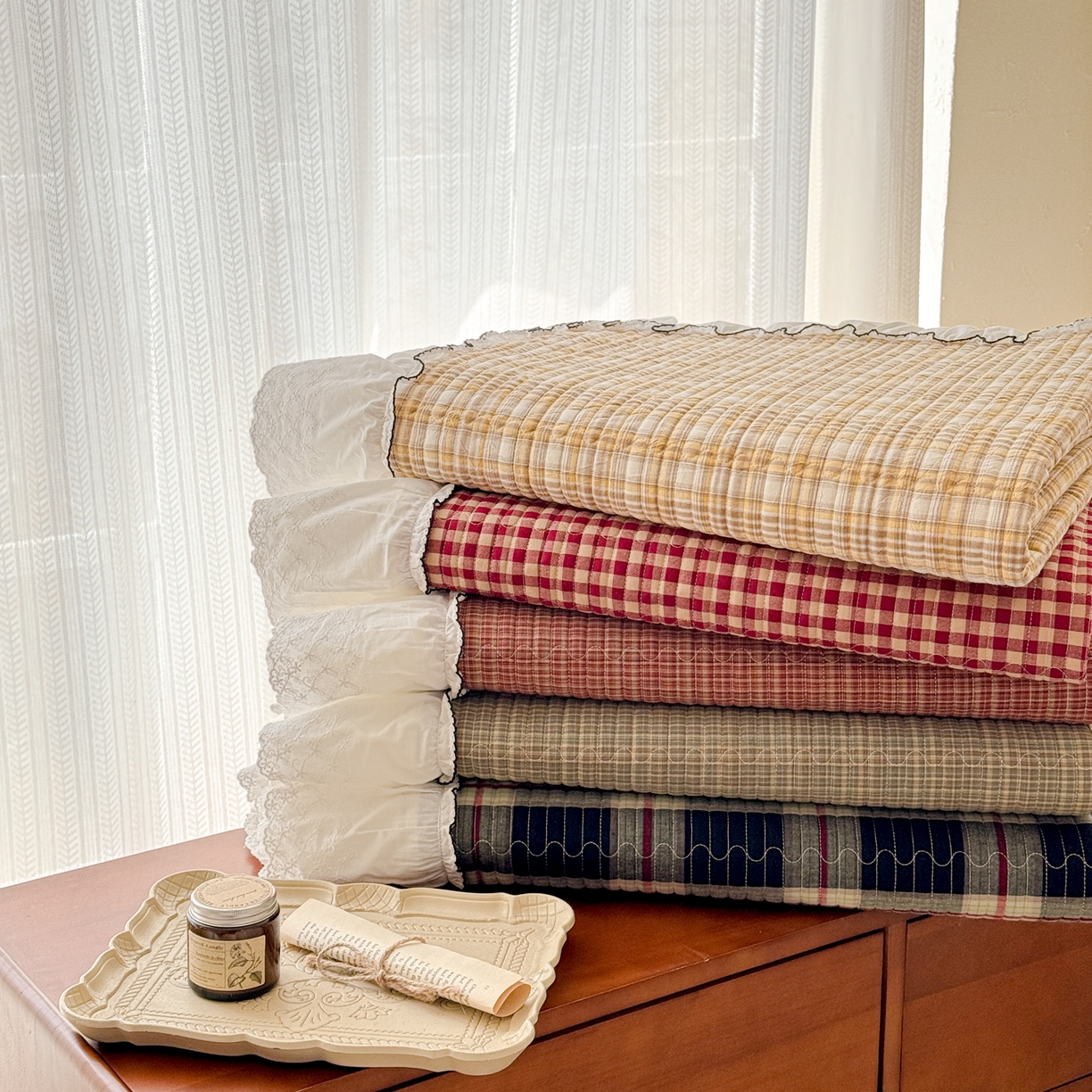 91家纺网 家纺一手货源 找家纺 沐辰 2026新款A类色织水洗棉花边款床盖 组合图仅供展示不可下单