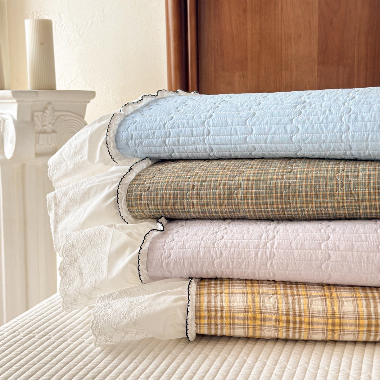 91家纺网 家纺一手货源 找家纺 沐辰 2026新款A类色织水洗棉花边款床盖 组合图仅供展示不可下单