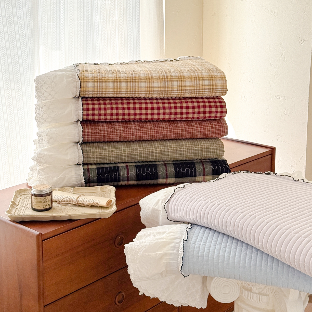 91家纺网 家纺一手货源 找家纺 沐辰 2026新款A类色织水洗棉花边款床盖 组合图仅供展示不可下单