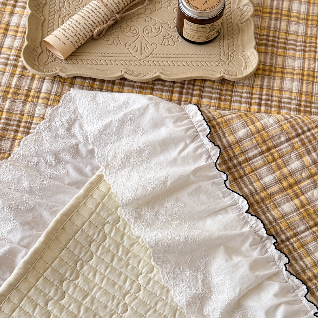 91家纺网 家纺一手货源 找家纺 沐辰 2026新款A类色织水洗棉花边款床盖 橘色中格