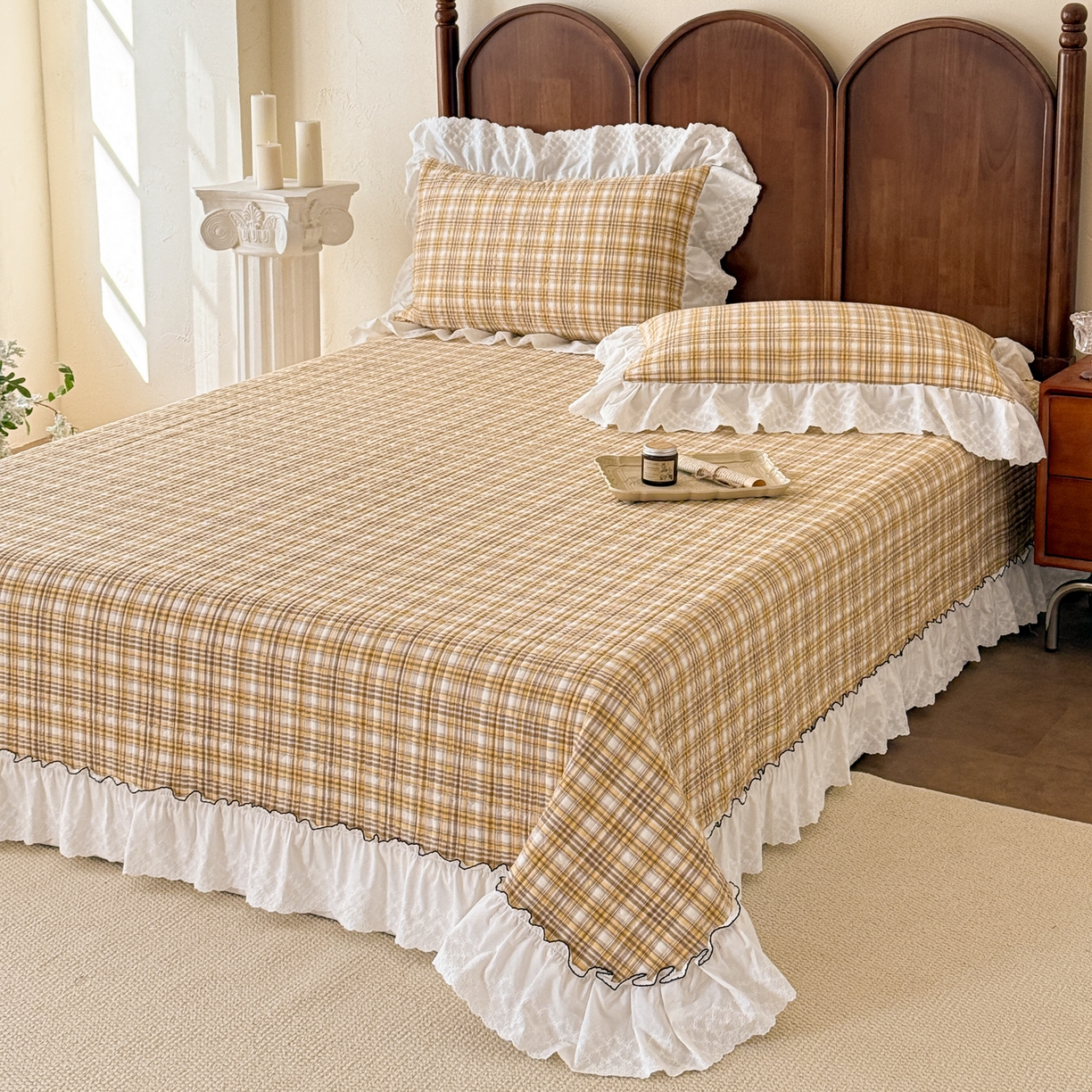 91家纺网 家纺一手货源 找家纺 沐辰 2026新款A类色织水洗棉花边款床盖 橘色中格