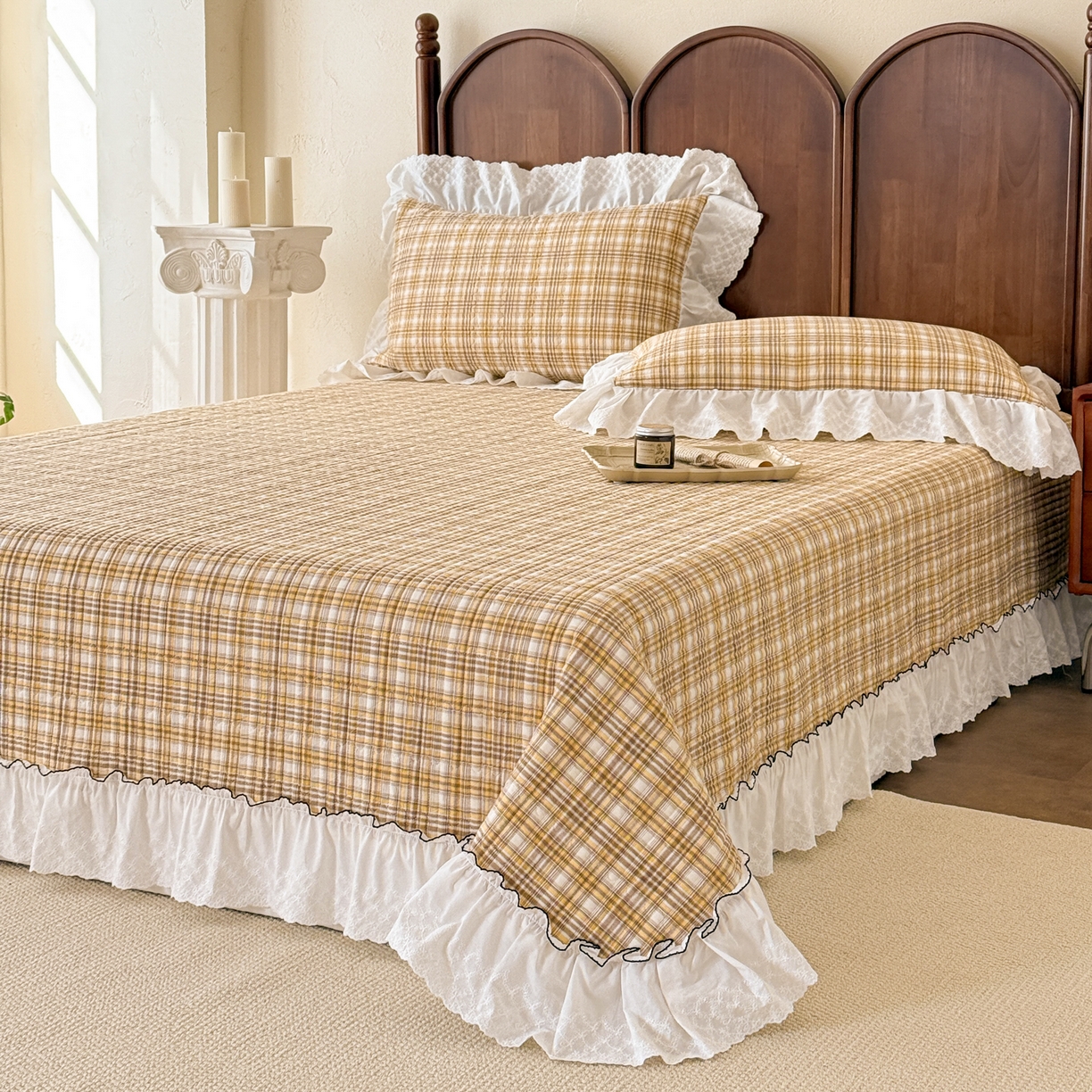 91家纺网 家纺一手货源 找家纺 沐辰 2026新款A类色织水洗棉花边款床盖 橘色中格