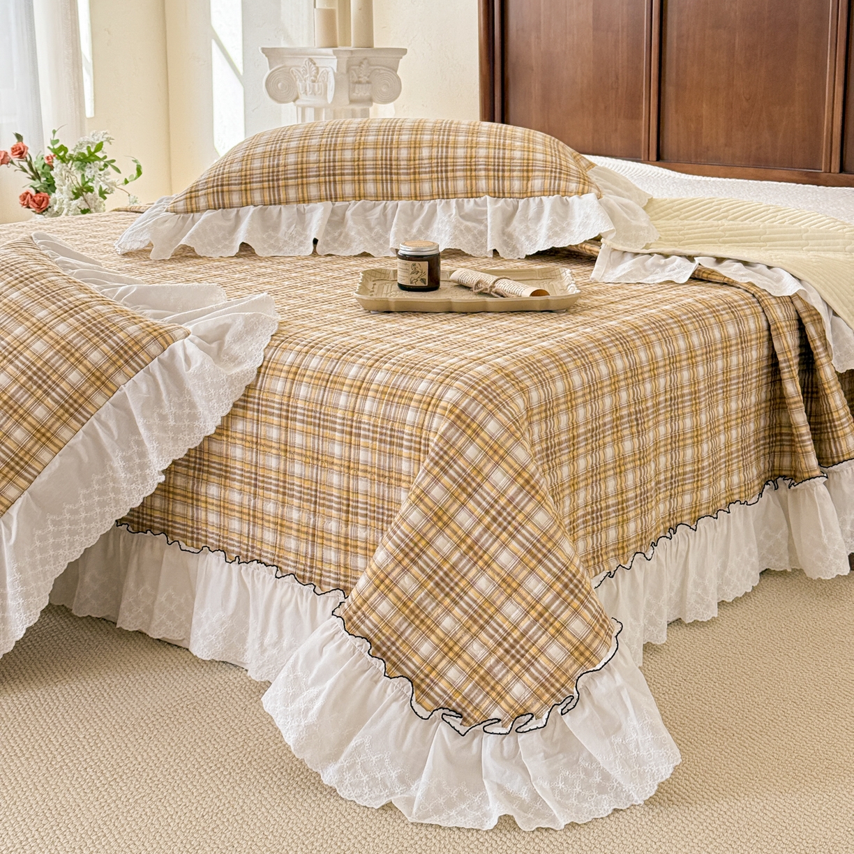 91家纺网 家纺一手货源 找家纺 沐辰 2026新款A类色织水洗棉花边款床盖 橘色中格