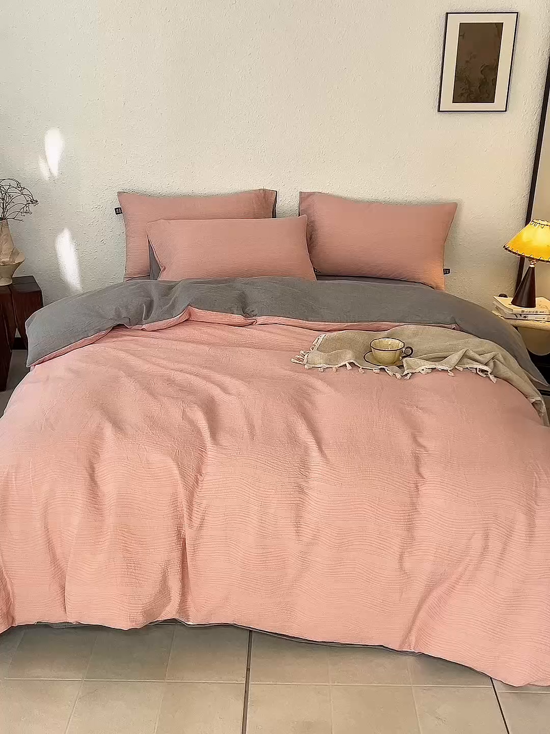 91家纺网 家纺一手货源 找家纺 恋人优选 2026新款大波浪全棉纯棉提花四件套 大波浪粉