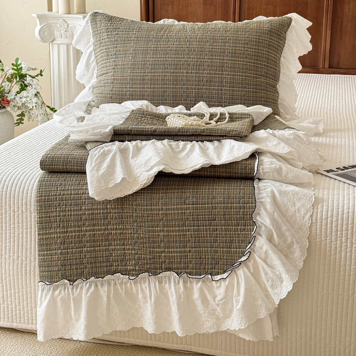 沐辰 2026新款A类色织水洗棉花边款床盖 曼特宁-绿