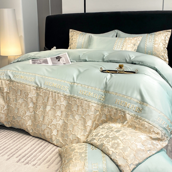 91家纺网 家纺一手货源 找家纺 子曰 2026新款浮雕水洗真丝四件套 花开朵朵-绿