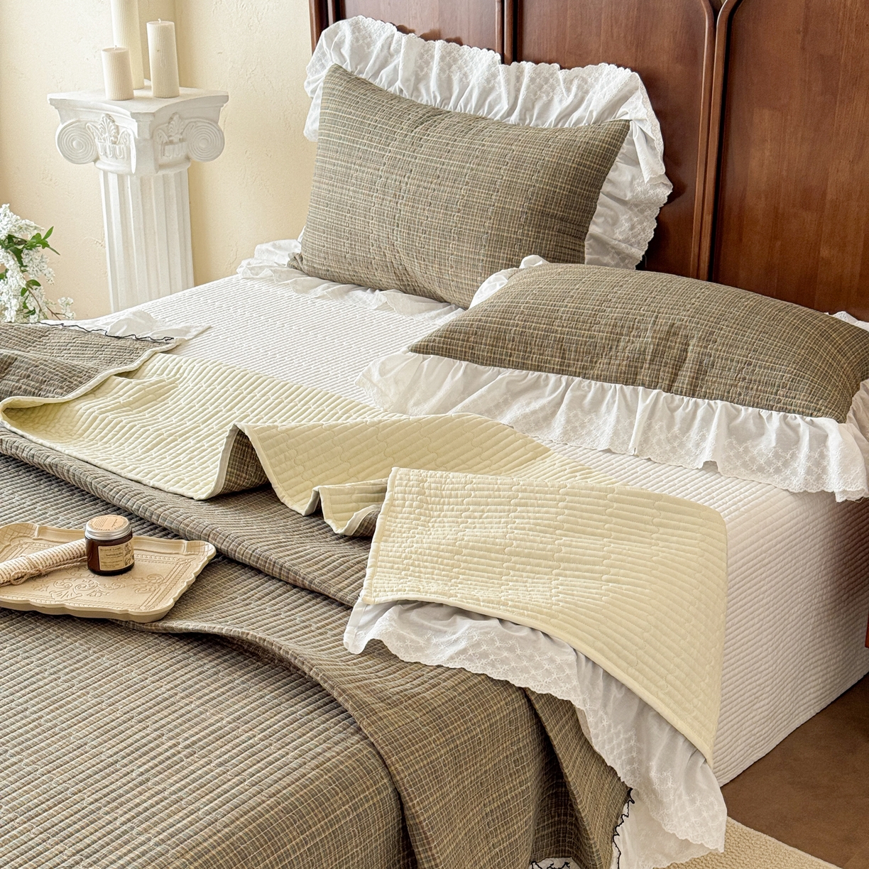 91家纺网 家纺一手货源 找家纺 沐辰 2026新款A类色织水洗棉花边款床盖 曼特宁-绿