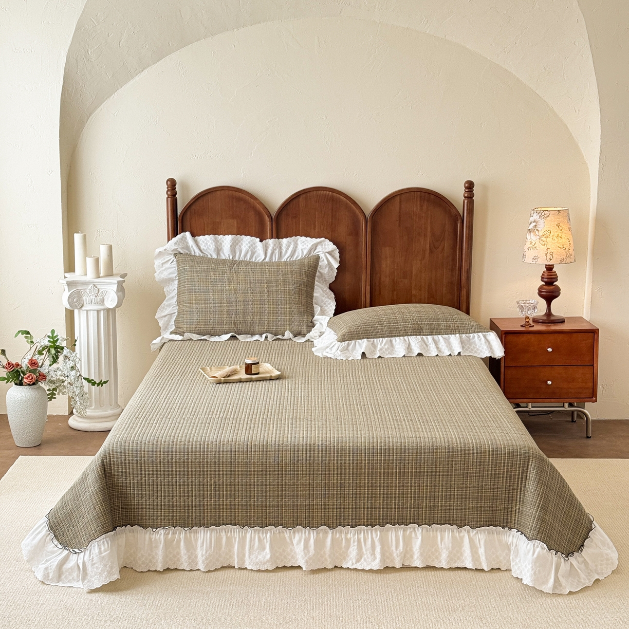 91家纺网 家纺一手货源 找家纺 沐辰 2026新款A类色织水洗棉花边款床盖 曼特宁-绿