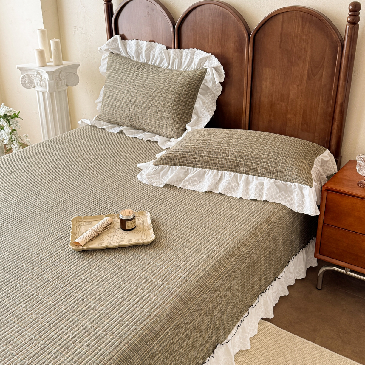 91家纺网 家纺一手货源 找家纺 沐辰 2026新款A类色织水洗棉花边款床盖 曼特宁-绿