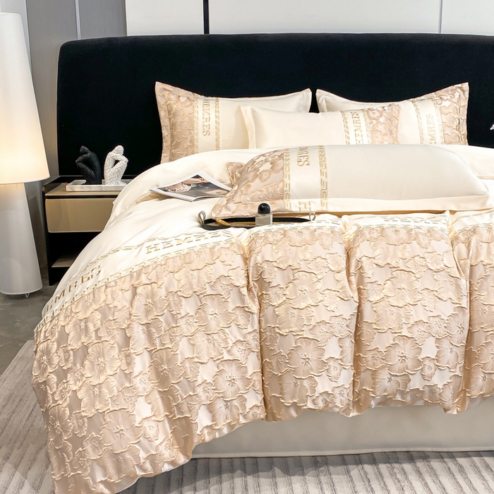 91家纺网 家纺一手货源 找家纺 子曰 2026新款浮雕水洗真丝四件套 花开朵朵-米白