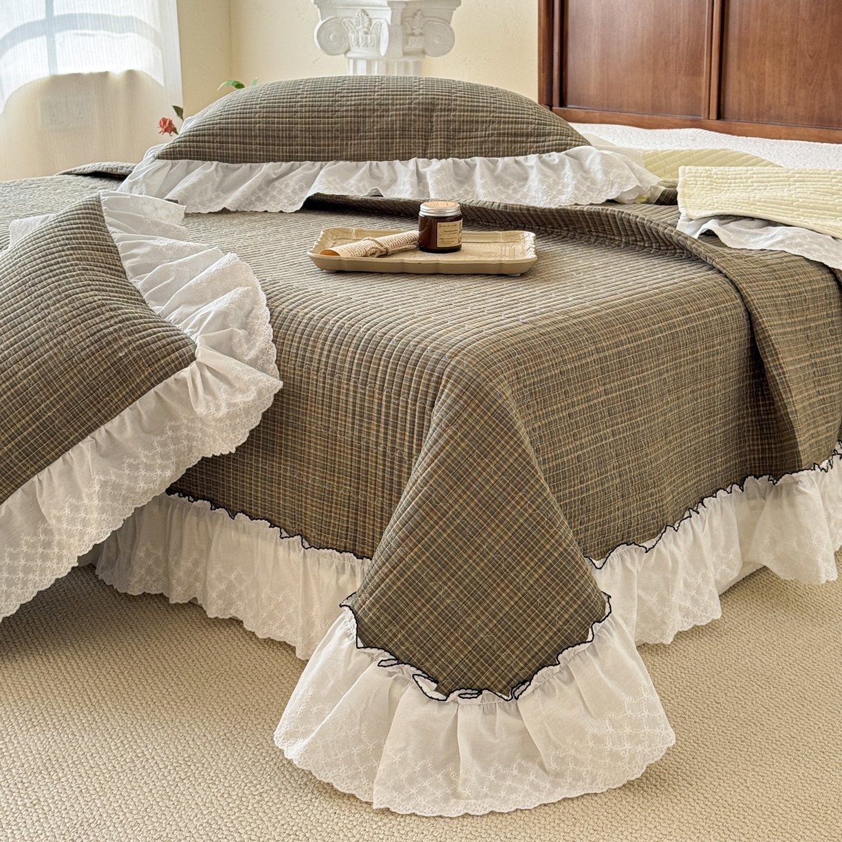 91家纺网 家纺一手货源 找家纺 沐辰 2026新款A类色织水洗棉花边款床盖 曼特宁-绿