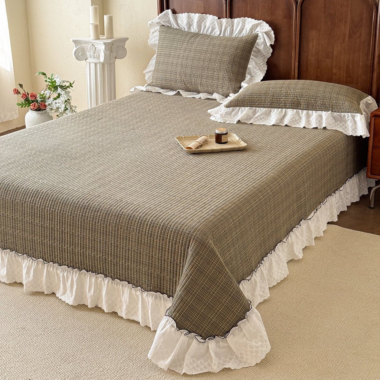 91家纺网 家纺一手货源 找家纺 沐辰 2026新款A类色织水洗棉花边款床盖 曼特宁-绿