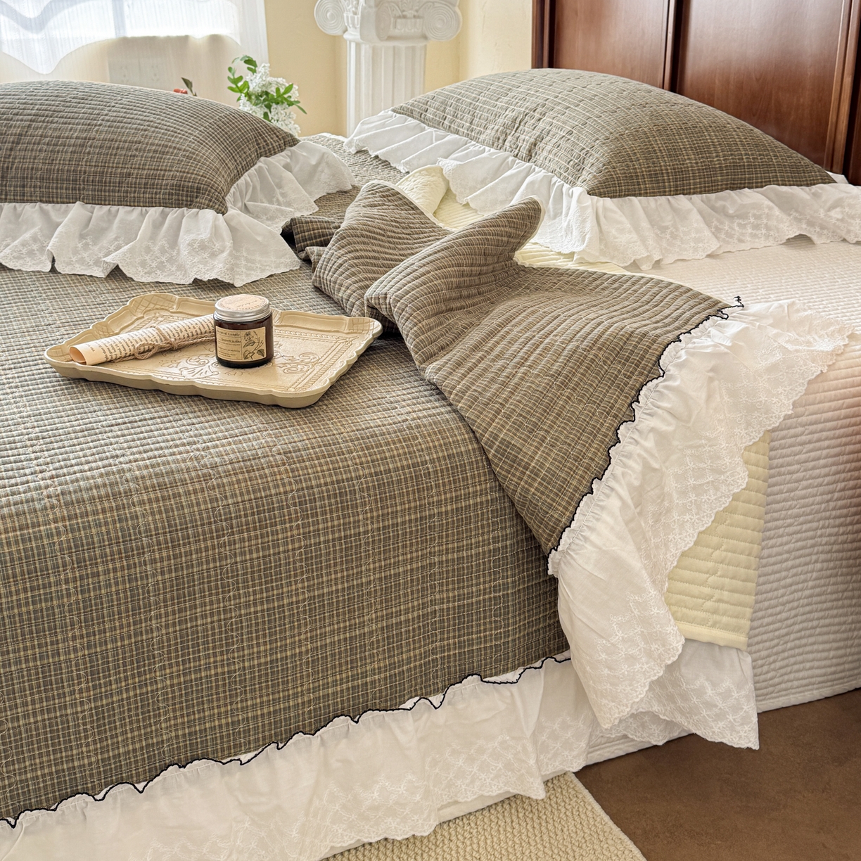 91家纺网 家纺一手货源 找家纺 沐辰 2026新款A类色织水洗棉花边款床盖 曼特宁-绿