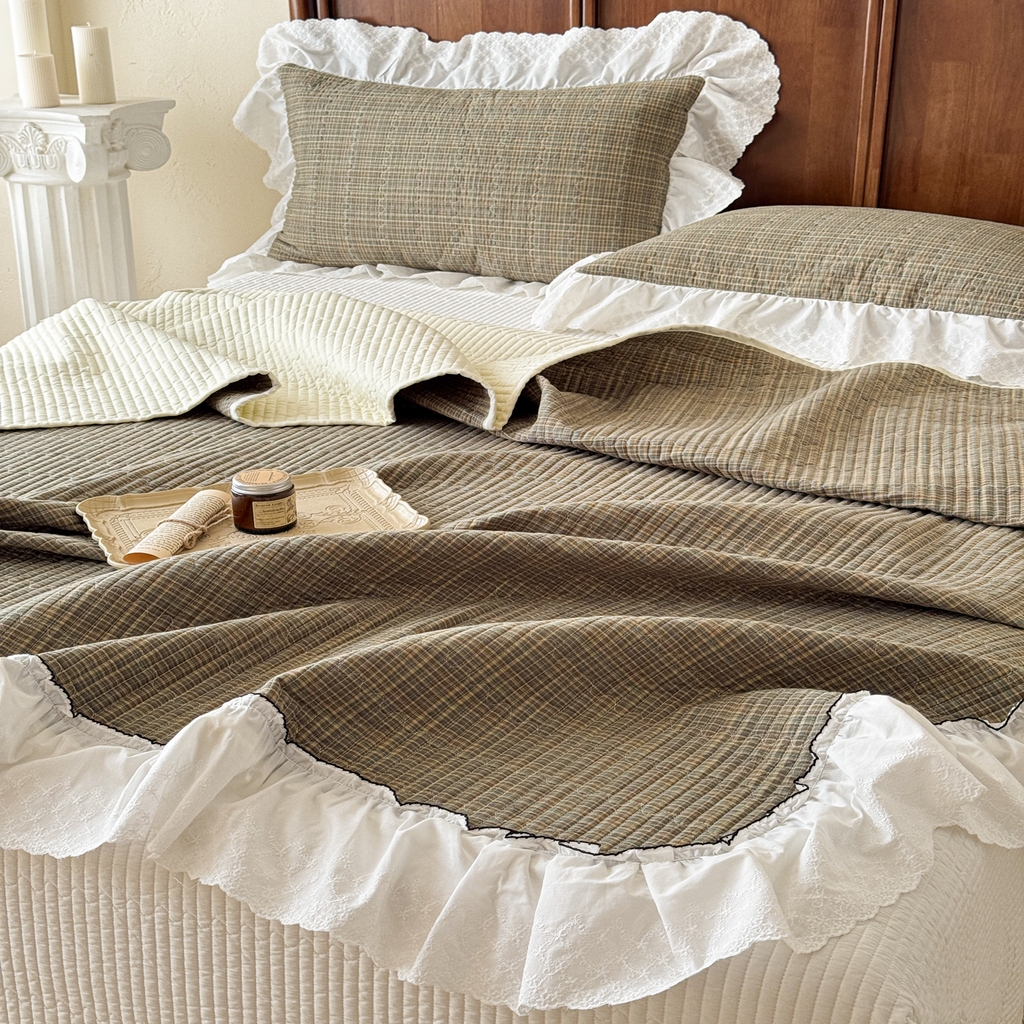 91家纺网 家纺一手货源 找家纺 沐辰 2026新款A类色织水洗棉花边款床盖 曼特宁-绿