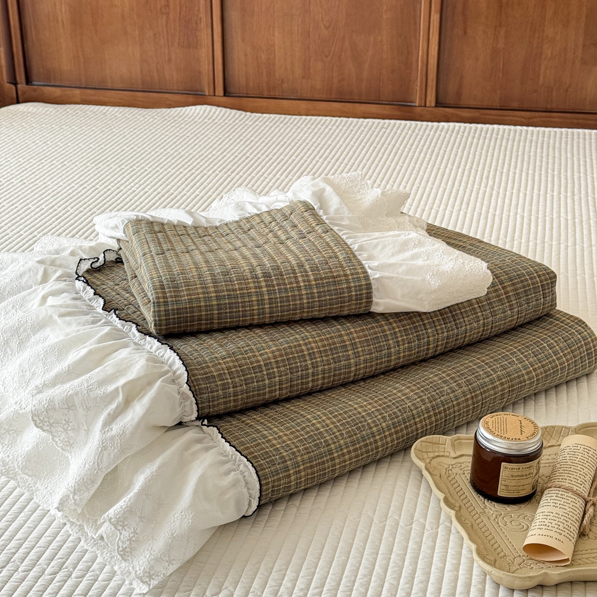 91家纺网 家纺一手货源 找家纺 沐辰 2026新款A类色织水洗棉花边款床盖 曼特宁-绿