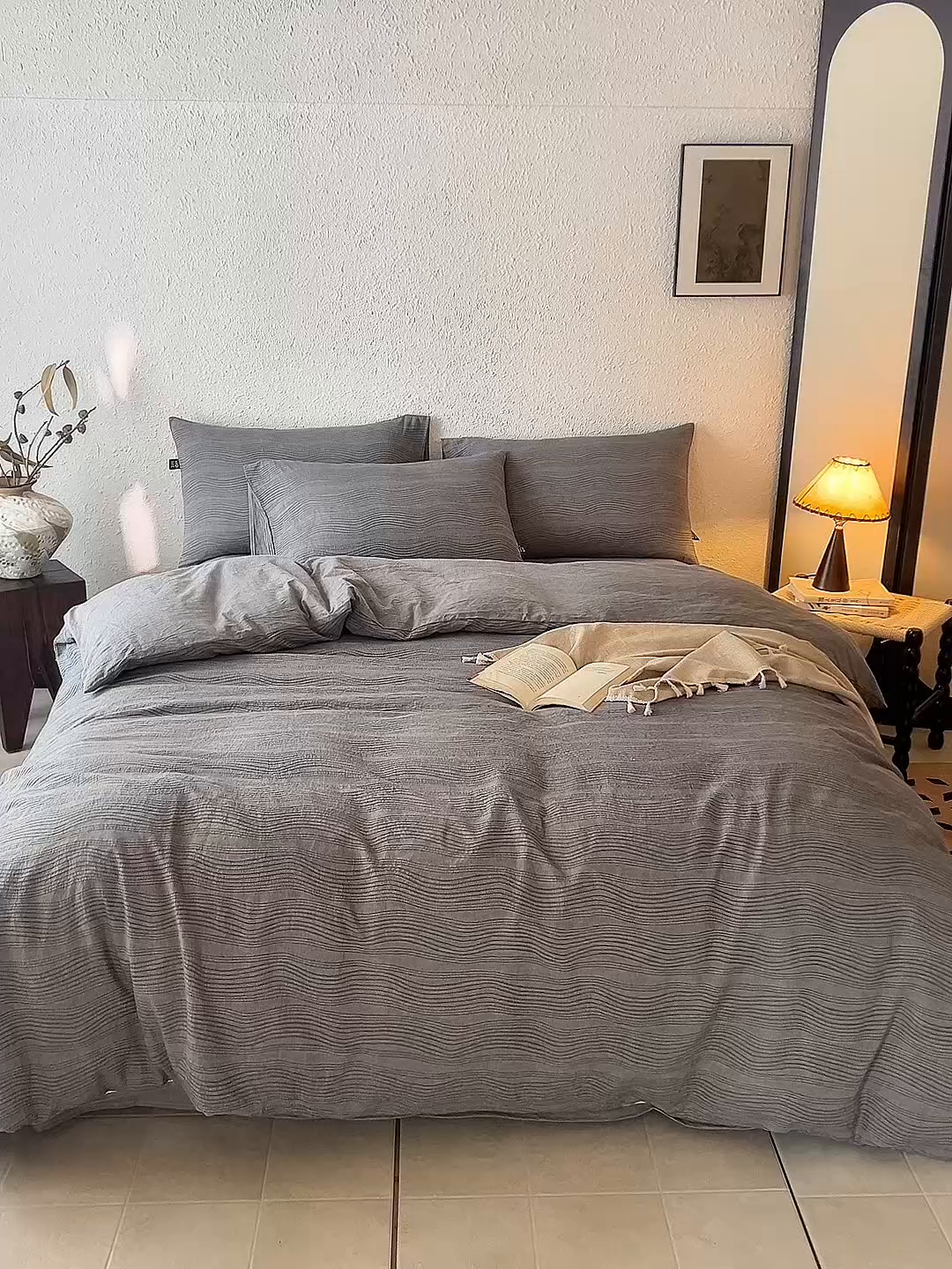 91家纺网 家纺一手货源 找家纺 恋人优选 2026新款大波浪全棉纯棉提花四件套 大波浪灰