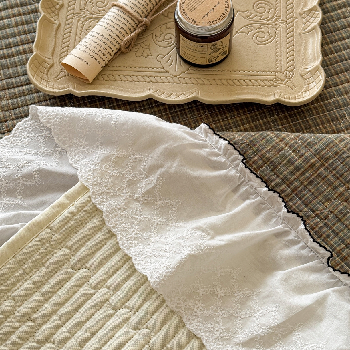 91家纺网 家纺一手货源 找家纺 沐辰 2026新款A类色织水洗棉花边款床盖 曼特宁-绿