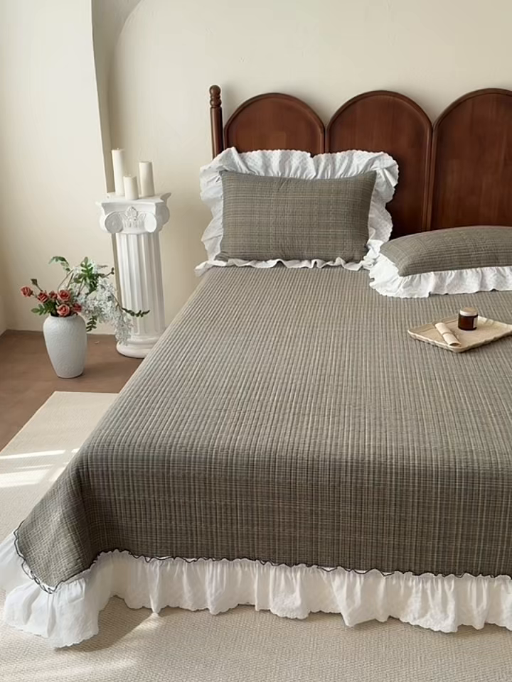 91家纺网 家纺一手货源 找家纺 沐辰 2026新款A类色织水洗棉花边款床盖 曼特宁-绿