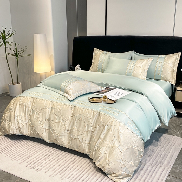 91家纺网 家纺一手货源 找家纺 子曰 2026新款浮雕水洗真丝四件套 花语-绿