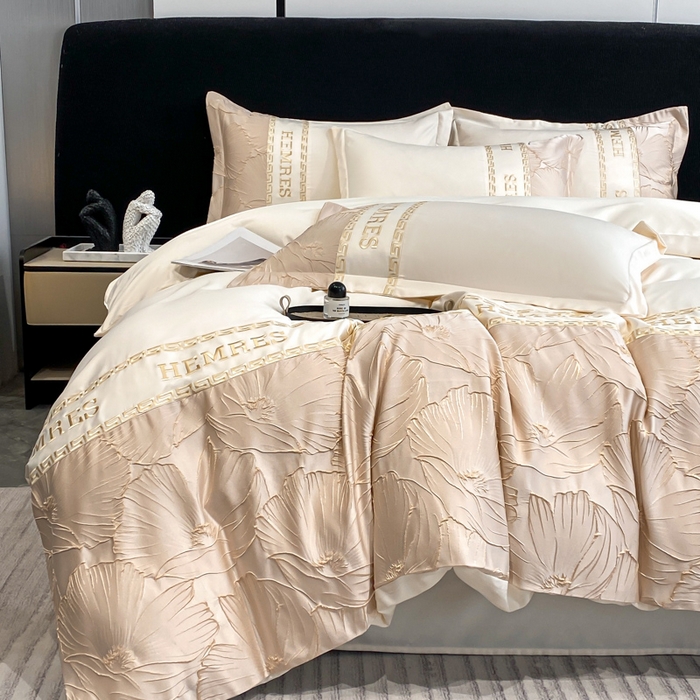 91家纺网 家纺一手货源 找家纺 子曰 2026新款浮雕水洗真丝四件套 花语-米白