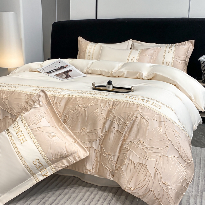 91家纺网 家纺一手货源 找家纺 子曰 2026新款浮雕水洗真丝四件套 花语-米白