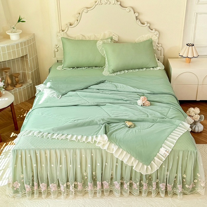 91家纺网 家纺一手货源 找家纺 后庭寝室 2026新款豆豆凉席夏被空调被四件套 完美恋人-嫩绿