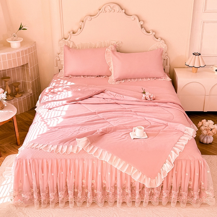 91家纺网 家纺一手货源 找家纺 后庭寝室 2026新款豆豆凉席夏被空调被四件套 完美恋人-粉色