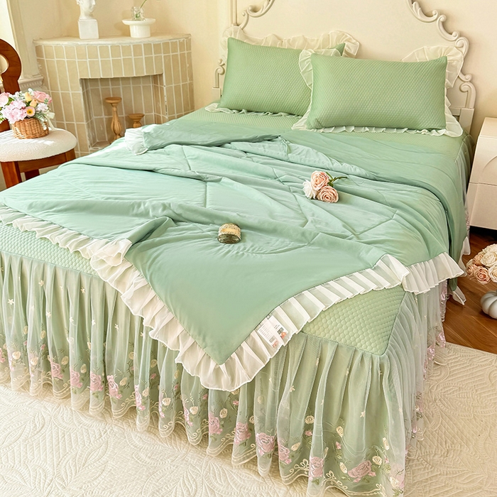 91家纺网 家纺一手货源 找家纺 后庭寝室 2026新款豆豆凉席夏被空调被四件套 完美恋人-嫩绿