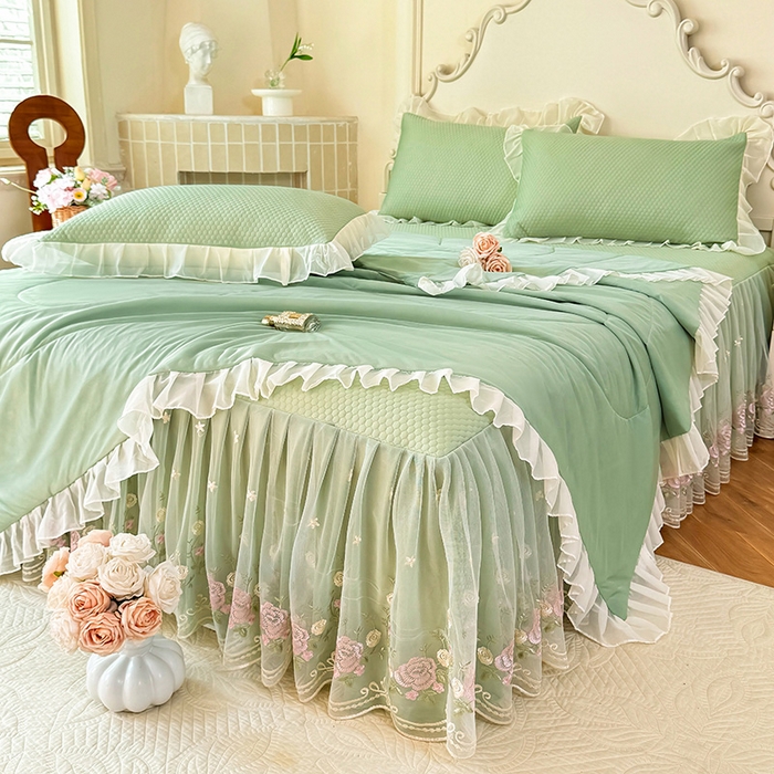 91家纺网 家纺一手货源 找家纺 后庭寝室 2026新款豆豆凉席夏被空调被四件套 完美恋人-嫩绿