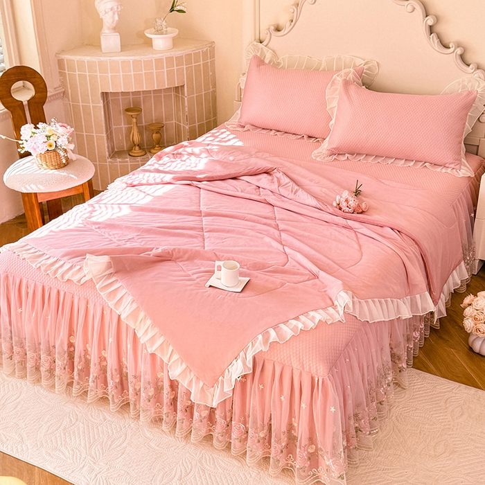 91家纺网 家纺一手货源 找家纺 后庭寝室 2026新款豆豆凉席夏被空调被四件套 完美恋人-粉色