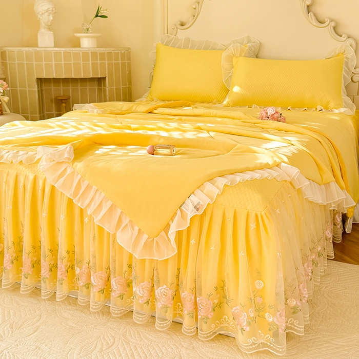 91家纺网 家纺一手货源 找家纺 后庭寝室 2026新款豆豆凉席夏被空调被四件套 完美恋人-嫩黄