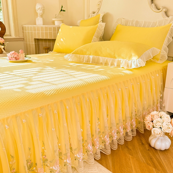 91家纺网 家纺一手货源 找家纺 后庭寝室 2026新款豆豆凉席夏被空调被四件套 完美恋人-嫩黄