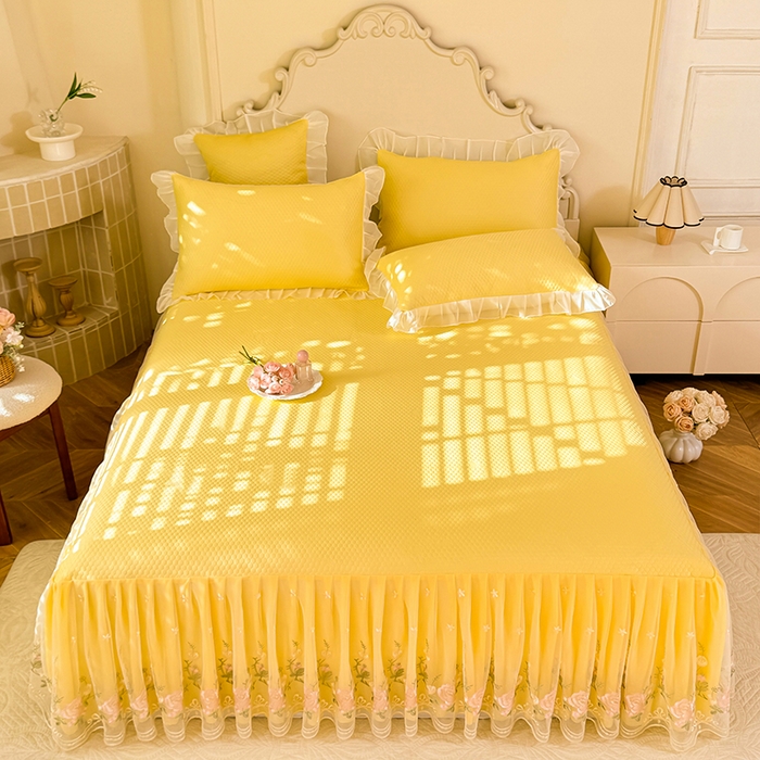 91家纺网 家纺一手货源 找家纺 后庭寝室 2026新款豆豆凉席夏被空调被四件套 完美恋人-嫩黄