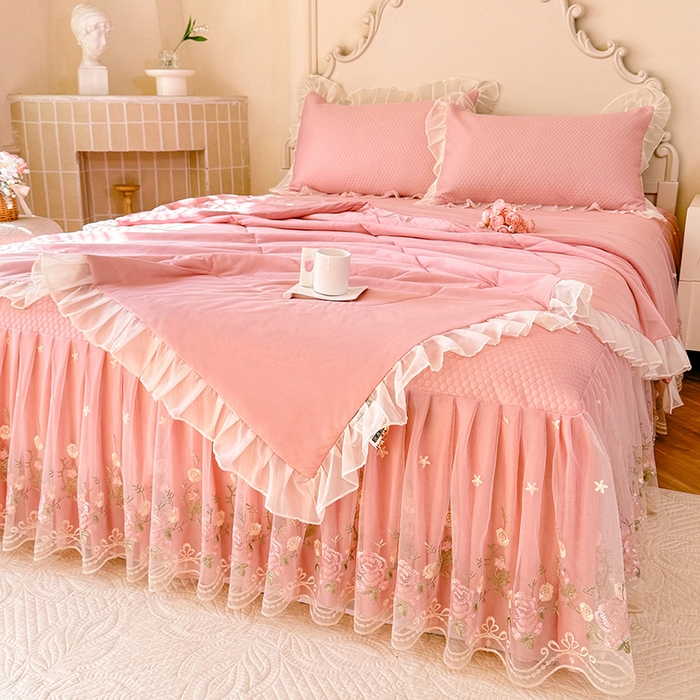 91家纺网 家纺一手货源 找家纺 后庭寝室 2026新款豆豆凉席夏被空调被四件套 完美恋人-粉色