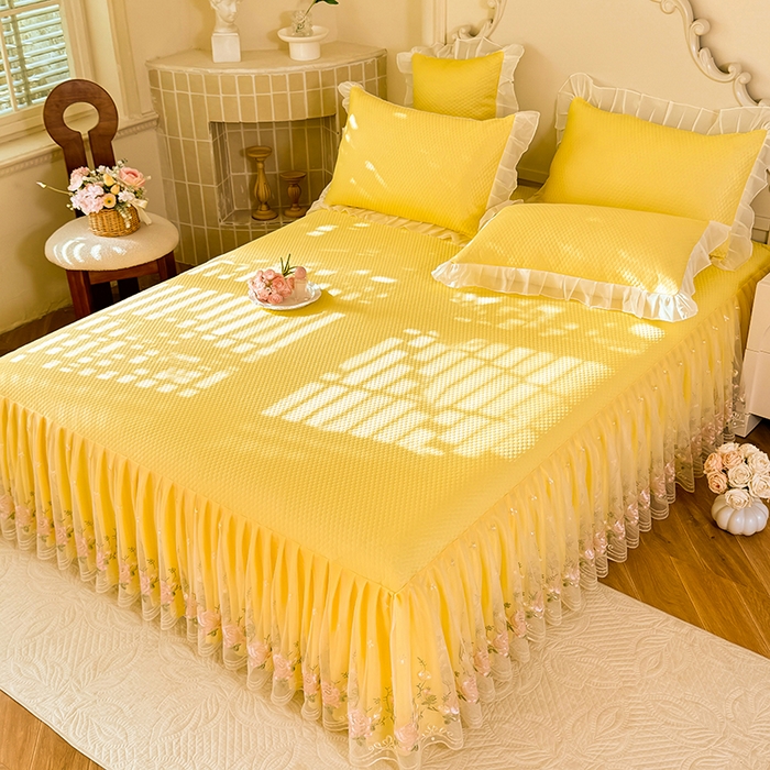 91家纺网 家纺一手货源 找家纺 后庭寝室 2026新款豆豆凉席夏被空调被四件套 完美恋人-嫩黄