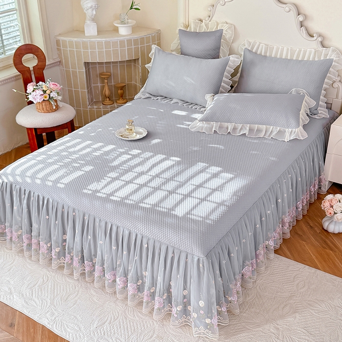 91家纺网 家纺一手货源 找家纺 后庭寝室 2026新款豆豆凉席夏被空调被四件套 完美恋人-浅灰